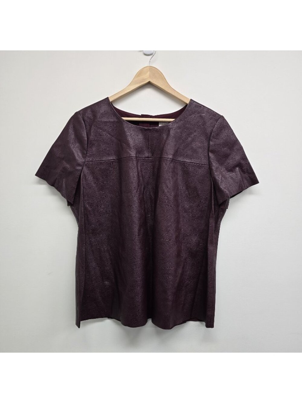 Chico's Deep Merlot Faux Leather Solid Pop Over Top Size 12/14 Raw Hems Edgy